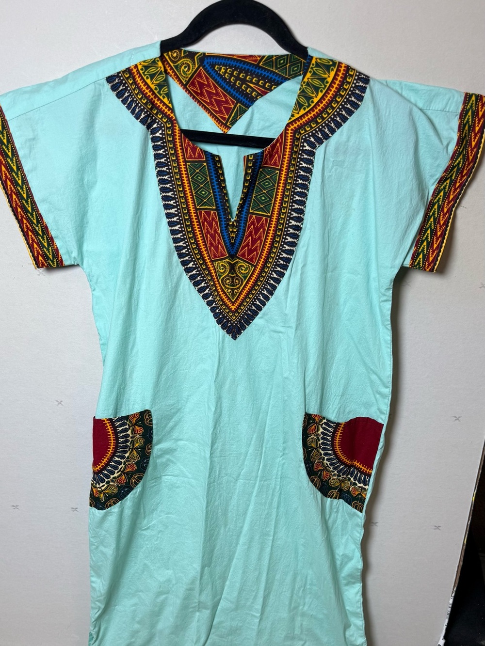 Aqua Dashiki-Style Tunic Dress with Colorful Tribal Trim